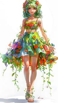 A doll with green hair is wearing a floral day dress and holding a bouquet of flowers, showcasing a beautiful fashion design