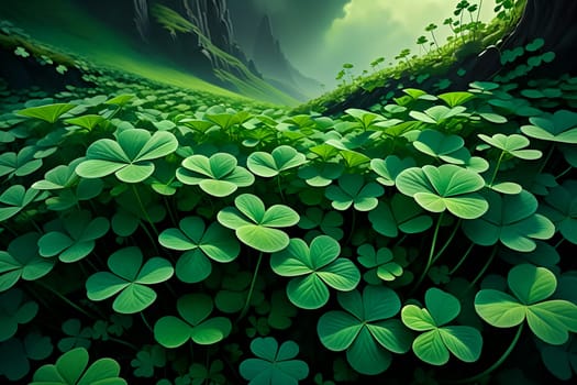 Abstract green background for St. Patrick's Day, decorated with shamrock leaves. AI generated image.