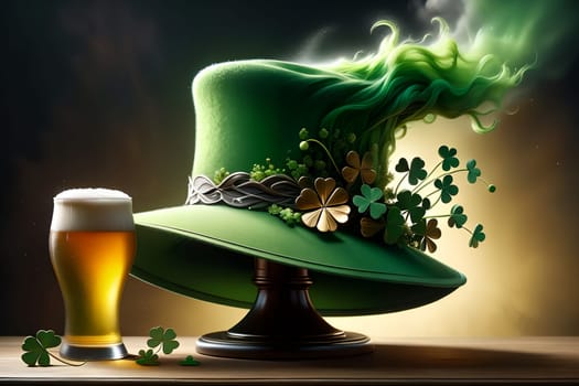 Abstract green background for St. Patrick's Day, beer and hat decorated with shamrock leaves. AI generated image.