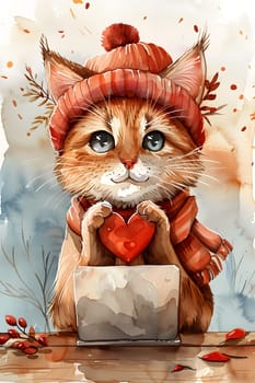 A Felidae wearing a hat and scarf is holding a heart and a laptop. Its whiskers, snout, and tail add to the charm of this artistic representation of small to mediumsized cats