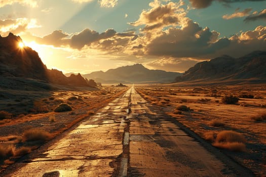 An old asphalt road in the middle of the desert in the light of the sun.