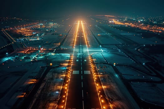 Beautiful top view of the airport runways at night.