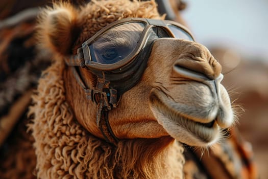 Portrait of an adult camel in the desert wearing safety glasses.