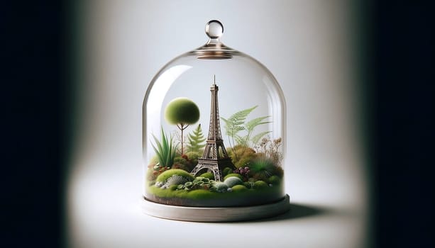 Eiffel Tower in a mini terrarium, A Miniature World in a glass jar on Display. High quality photo