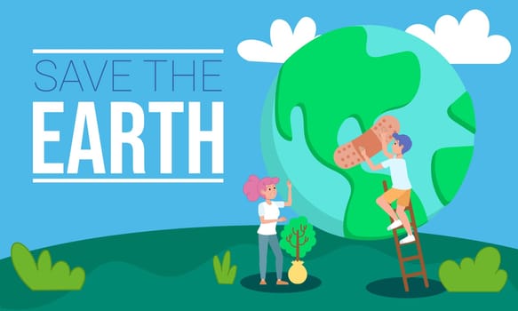 Two young people putting a band-aid on planet earth with text Save the earth. Vector illustration.