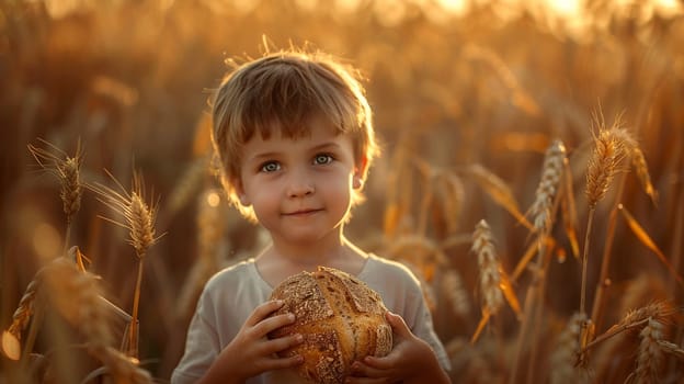 child holding bread in his hands in a wheat field. people selective focus