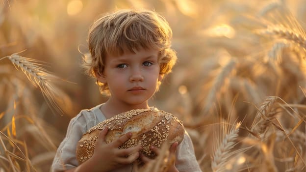 child holding bread in his hands in a wheat field. people selective focus