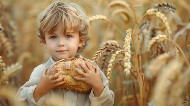 child holding bread in his hands in a wheat field. people selective focus
