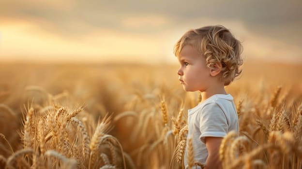 a child stands in a wheat field. children selective focus