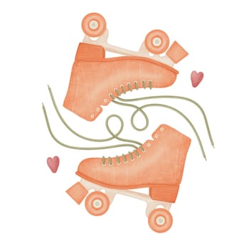 Pair of vintage, retro quad roller skates, cartoon style, hand drawn illustration isolated on white background. Peach fuzz