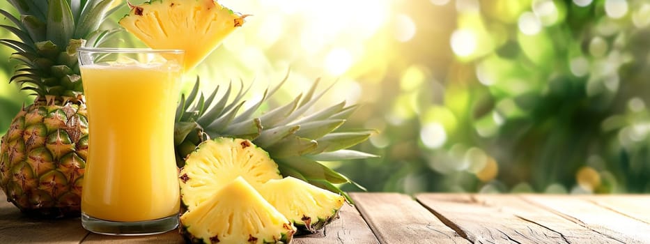 glass of fresh pineapple juice on wooden table, food selective focus