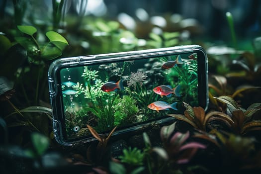 Smartphone underwater with photos of exotic fish on the screen.