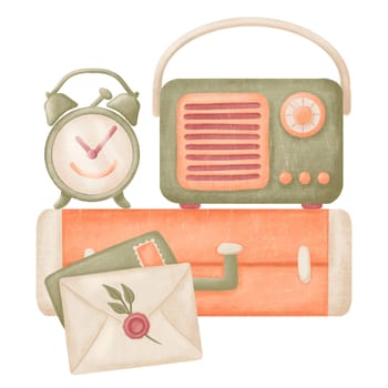 Retro composition with radio, suitcase, alarm clock, letters. For print, card. Hand draw. Vintage cartoon style