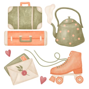 90's retro illustration set. Hand drawn clip art isolated on white. Suitcases letter envelope rollers kettle. Peach fuzz
