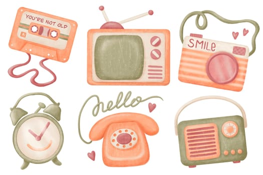 90's retro objects illustration set. Audio cassette, tube TV, Camera, Phone, radio, alarm clock. Hand drawn clip art