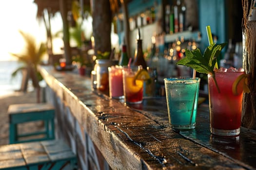 Wooden bar counter with summer cocktails on the seashore.