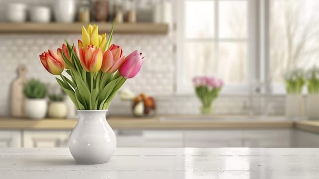 bouquet of beautiful tulips in a vase. selective focus, Generative AI,