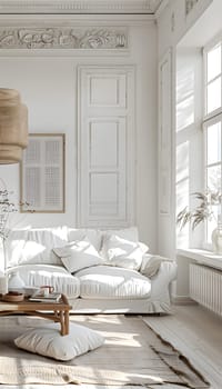 A cozy living room in a building with a couch, coffee table, and window. The furniture is made of wood and textiles, creating a comfortable interior design. The flooring adds warmth to the house