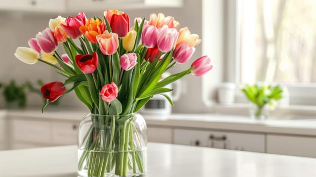 bouquet of beautiful tulips in a vase. selective focus, Generative AI,