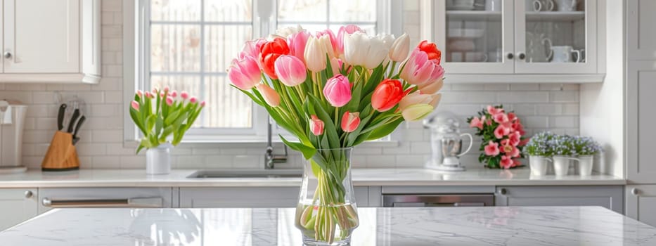 bouquet of beautiful tulips in a vase. selective focus, Generative AI,