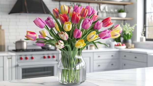 bouquet of beautiful tulips in a vase. selective focus, Generative AI,