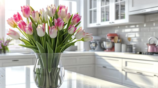 bouquet of beautiful tulips in a vase. selective focus, Generative AI,