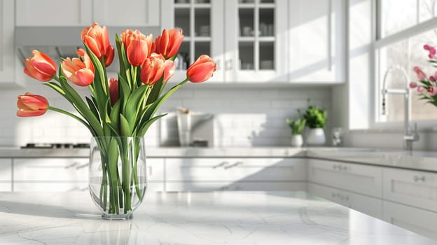 bouquet of beautiful tulips in a vase. selective focus, Generative AI,