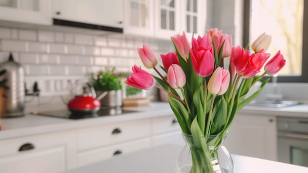 bouquet of beautiful tulips in a vase. selective focus, Generative AI,