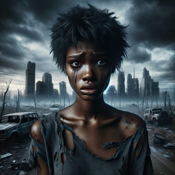 In a post-apocalyptic world, a lone woman stands amidst a desolate world, characterized by ruined buildings and a harsh, unforgiving environment.