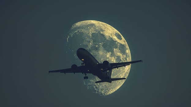 an airplane flying high and slow past a crescent moon, magazine style, candid shots.