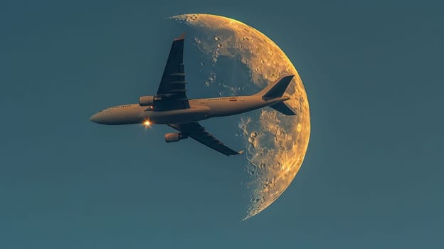 an airplane flying high and slow past a crescent moon, magazine style, candid shots.