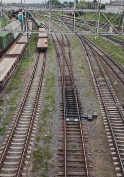 View of the rails with freight trains.  Railway