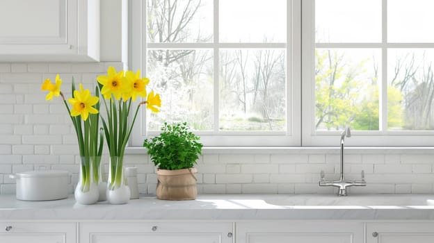 bouquet of daffodils in a vase, selective focus, Generative AI,
