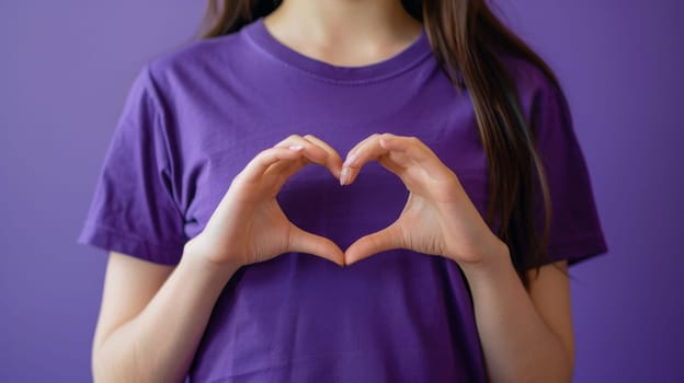 a girl purple t-shirt with her hands making a Heart-shaped hand, hand make heart symbol.