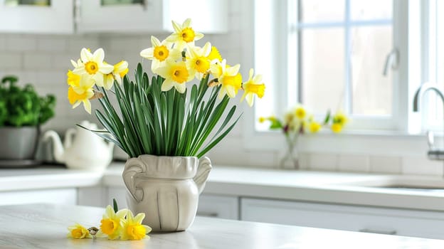 bouquet of daffodils in a vase, selective focus, Generative AI,