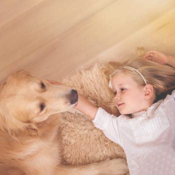 Girl, dog and relax together for bonding, care and pet for support on floor of living room in home. Child, golden retriever and stroke a puppy on mockup space, top view and companion in childhood.