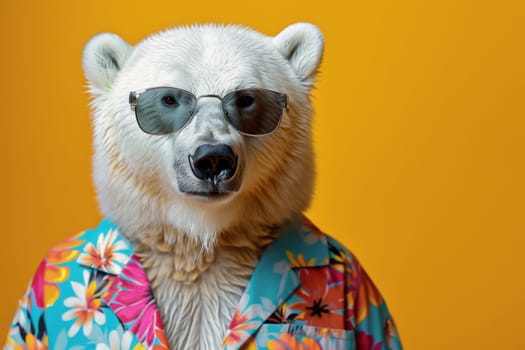 a stylish Polar Bear wearing sunglasses and summer suit on color background, animal funny pop art.