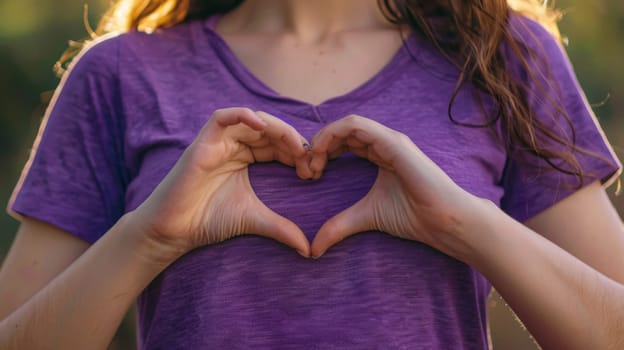 a girl purple t-shirt with her hands making a Heart-shaped hand, hand make heart symbol.