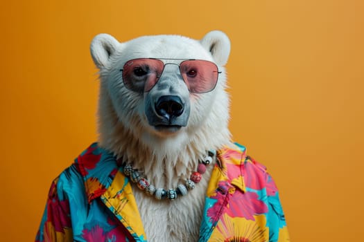 a stylish Polar Bear wearing sunglasses and summer suit on color background, animal funny pop art.