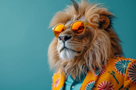 a stylish Lion wearing sunglasses and summer suit on color background, animal funny pop art.