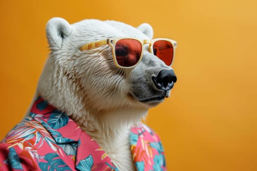 a stylish Polar Bear wearing sunglasses and summer suit on color background, animal funny pop art.