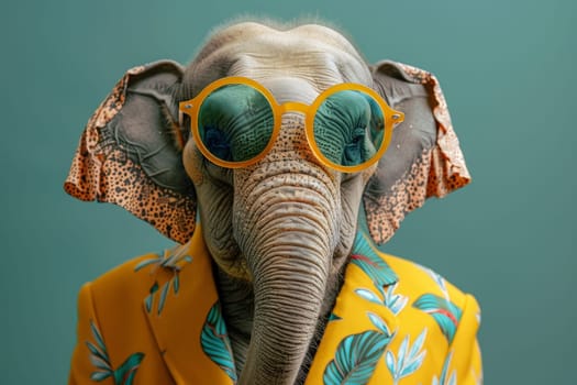 a stylish Elephant wearing sunglasses and summer suit on color background, animal funny pop art.