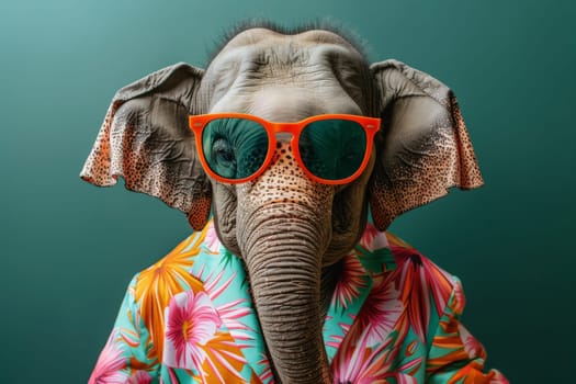 a stylish Elephant wearing sunglasses and summer suit on color background, animal funny pop art.
