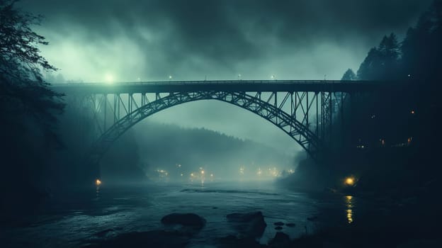 A beautiful arched bridge over a river in the fog against a dark sky.