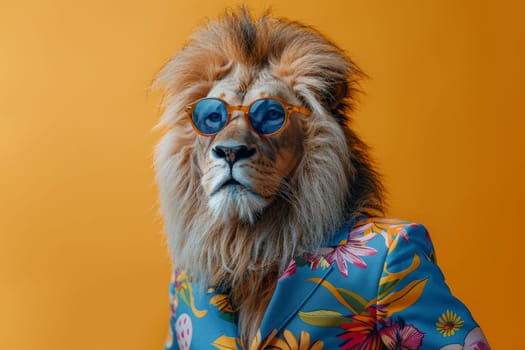 a stylish Lion wearing sunglasses and summer suit on color background, animal funny pop art.