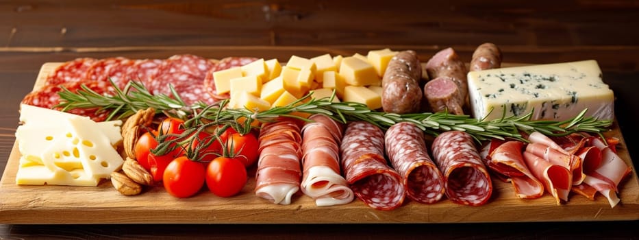 Board with sliced sausage and gourmet cheeses. food selective focus. Generative AI,