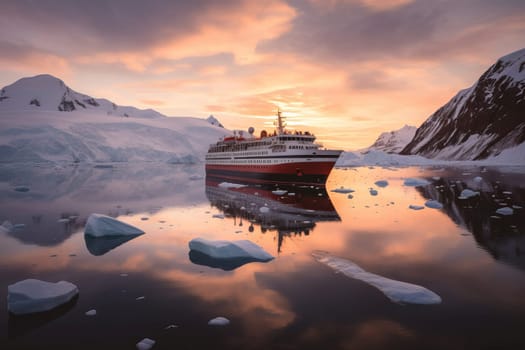 Antarctica cruise. Snow sea boat. Generate Ai