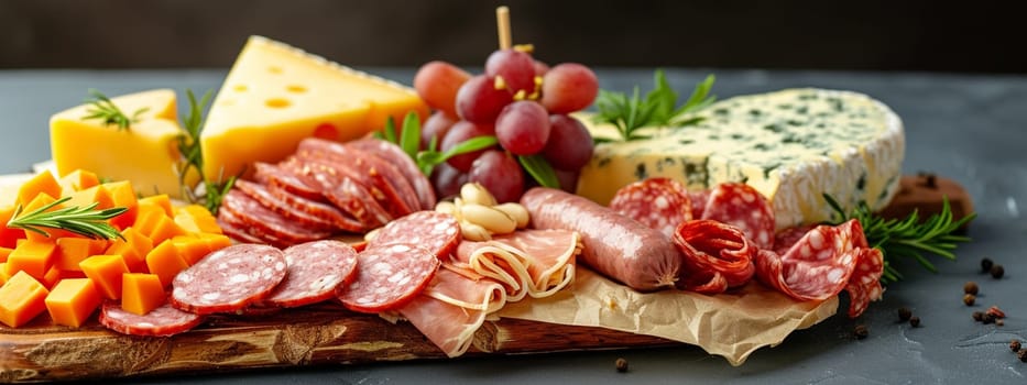 Board with sliced sausage and gourmet cheeses. food selective focus. Generative AI,