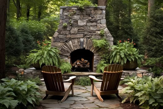 Backyard fireplace chairs. Grill stone chair. Generate Ai
