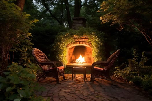 Backyard flame fireplace chairs. Family holiday. Generate Ai
